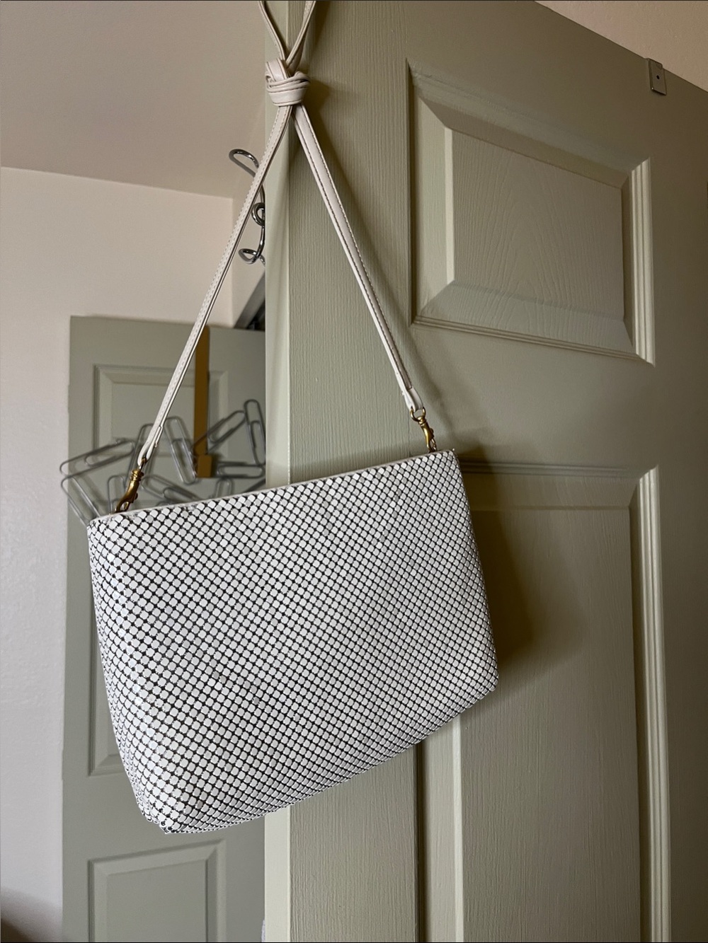 Whiting & Davis White Crossbody with Black Diamond Mesh Pattern